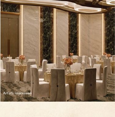 Club Regalia indoor banquet hall with round tables set for an event, Gaur Alaris official amenities deck render