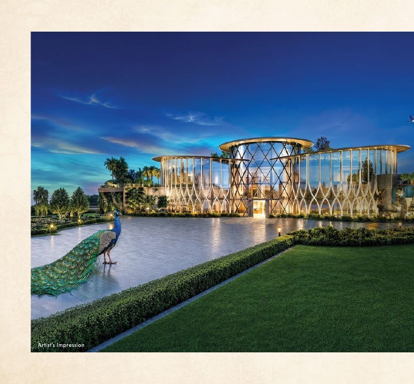 Club Regalia clubhouse exterior at dusk with a peacock on the forecourt walkway, Gaur Alaris official amenities deck render