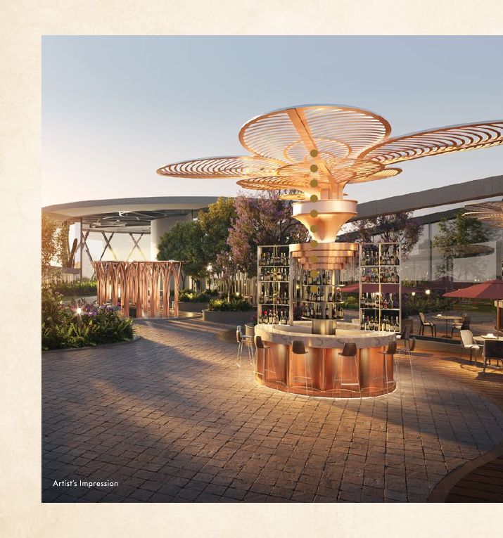 Club Regalia terrace bar and lounge at dusk with a sculptural copper canopy, Gaur Alaris official amenities deck render