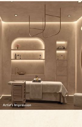 Club Regalia wellness spa treatment room with a marble-topped bench and shelf display, Gaur Alaris official amenities deck render