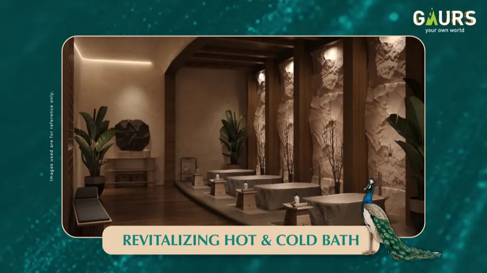 Revitalizing hot and cold bath area at Gaur Alaris with stone-clad alcoves and plunge pools