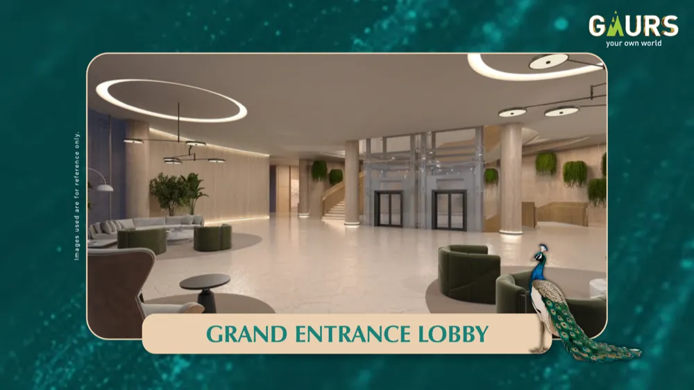 Grand Entrance Lobby at Gaur Alaris clubhouse with double-height ceiling, marble flooring and seating
