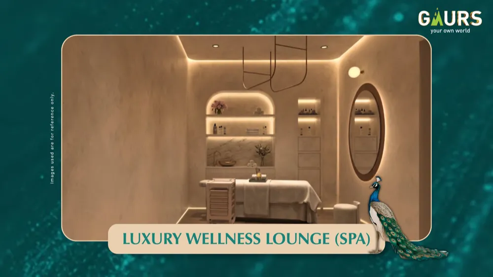 Luxury wellness lounge and spa treatment room at Gaur Alaris clubhouse, captioned Luxury Wellness Lounge (Spa)