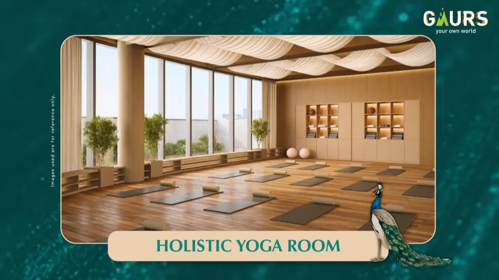Holistic yoga room at Gaur Alaris clubhouse with floor-to-ceiling windows and natural light, captioned Holistic Yoga Room