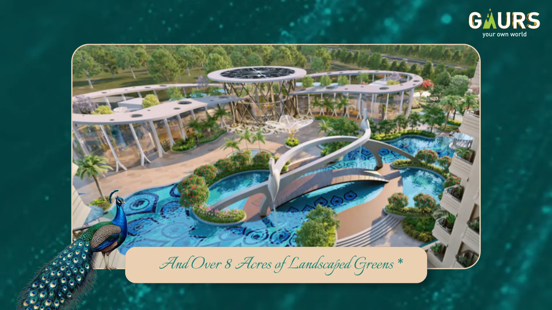 Aerial view of the Gaur Alaris clubhouse and pool deck at dusk, with residential towers and landscaped greens, Gaurs branding visible